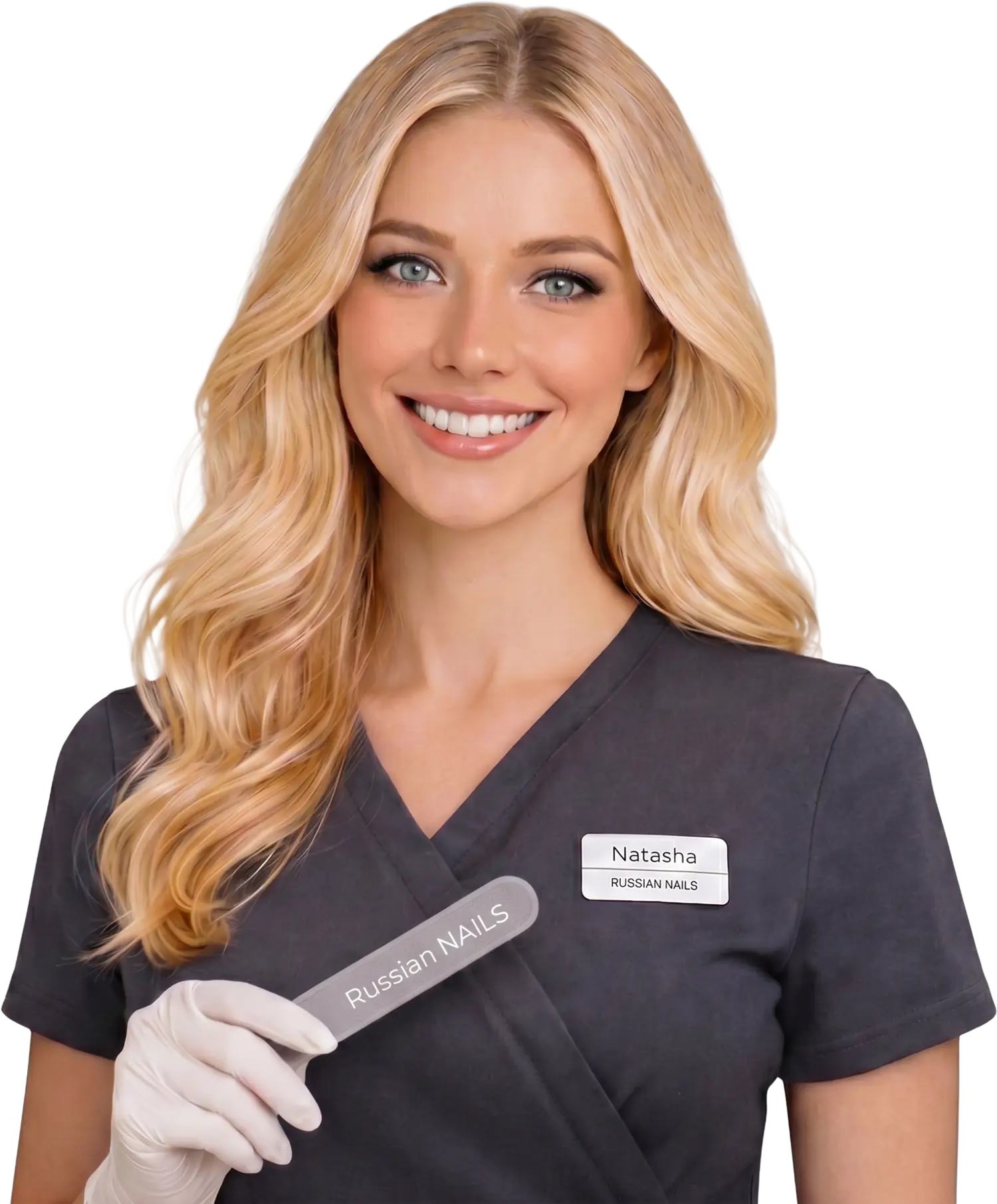 Russian Nails certified nail artist holding a branded nail file