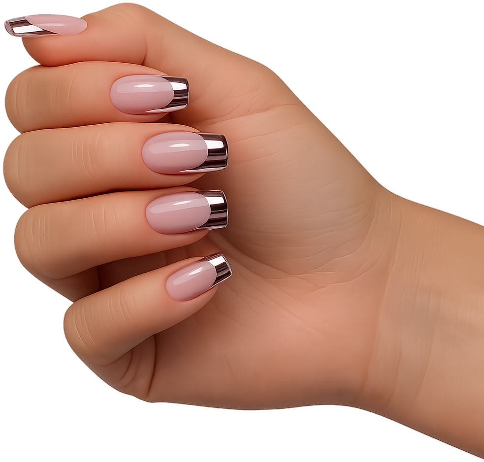 Hand with a glossy chrome French-tip manicure